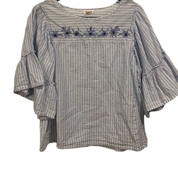 Westport Blue and Sparkly Silver Pin Stripe Embroidered Beaded Flare Sleeve Top - Picture 3 of 7